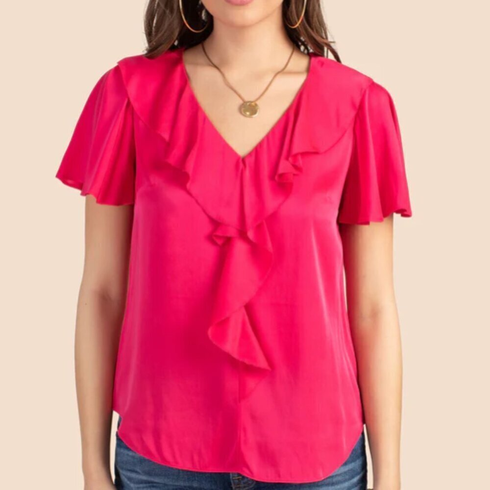 Trina Turk 'Larissa' Ruffle-Trim Stretch Silk-Blend Top, Dragonfruit Pink